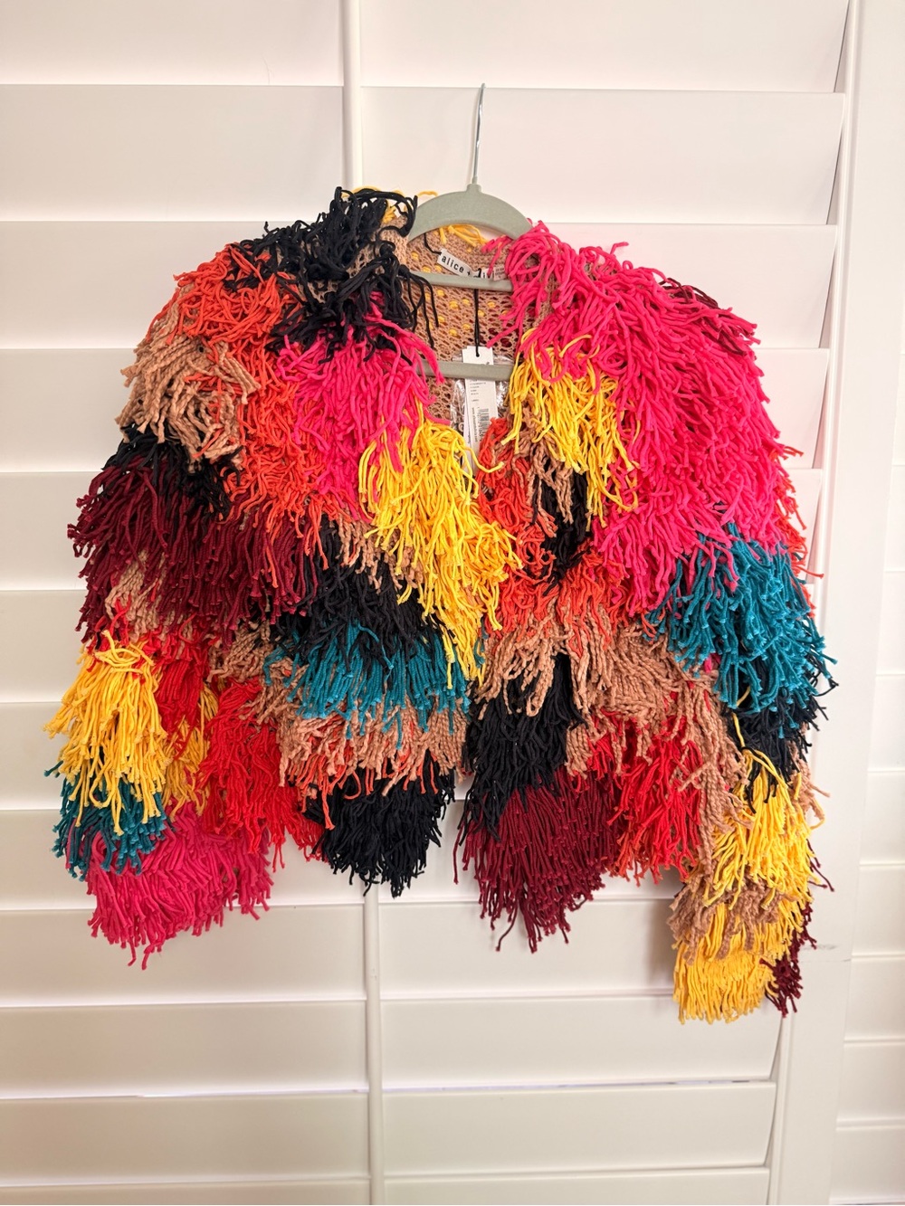 Alice + Olivia Multicolor Fringe Teddy Jacket with Pink, Yellow, Teal & Black
